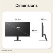 Dimensiones del Monitor LG Smart ilustrando el tamaño general del producto y las medidas del soporte.